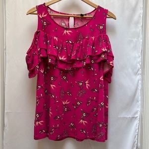 Lane Bryant Pink Tropical Cold Shoulder Flounce Top (14/16)